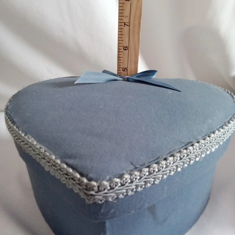 Vintage Style Blue Fabric Heart Shaped Keepsake Box with Silver Trim and Bow